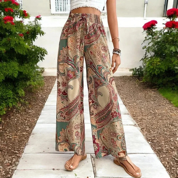 🆕️XL Boho Bliss 🌸✨ - Trendy Paisley Wide-Leg Pants with Tassel Tie and Pockets - Picture 7 of 12